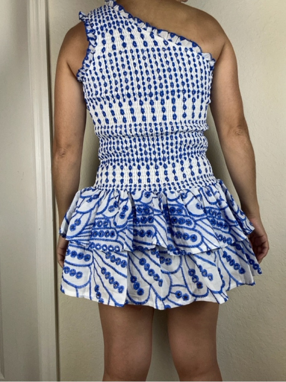 Hello Molly One Shoulder Mini Dress Size XS White Blue Embroidered Ruffle - Picture 7 of 11